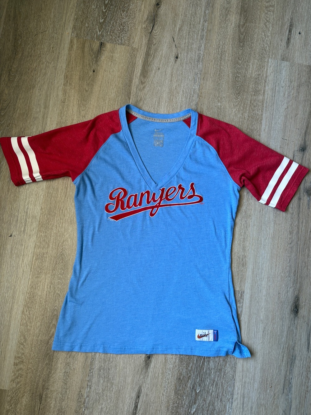 Nike Blue V-Neck Tee with Red Raglan Sleeves